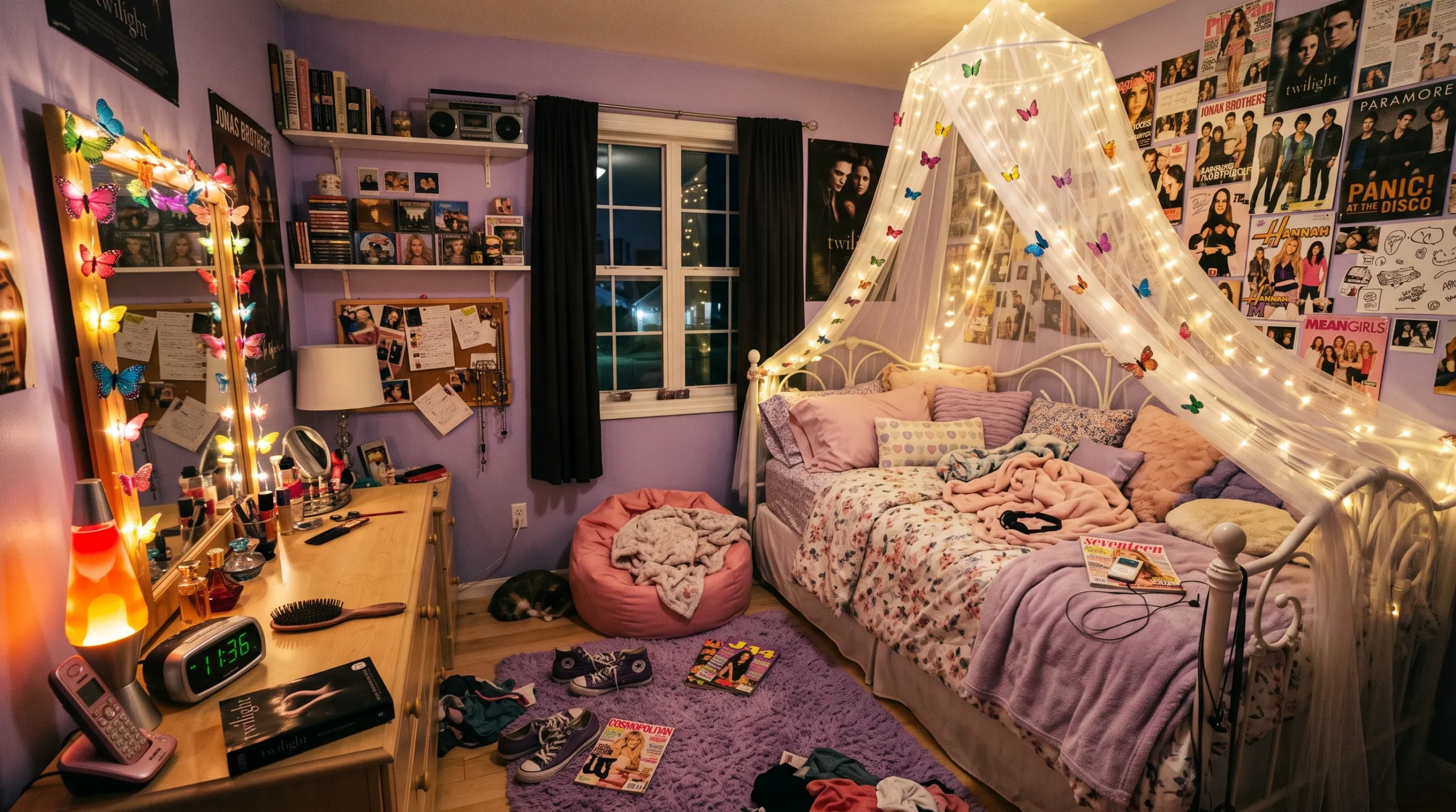 Cozy 2000s teen room ideas featuring fairy lights lava lamp shag rug and pastel bedding in a nostalgic lavender bedroom at night