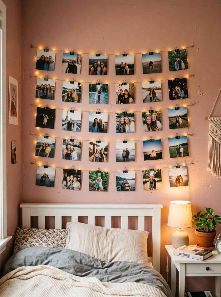2000s Teen bedroom ideas with photo wall square printed photos hung on twine strings with binder clips on a dusty pink wall