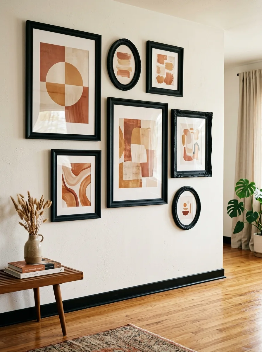 Living room gallery wall displaying abstract artwork in black frames above a wood console with decorative accents.