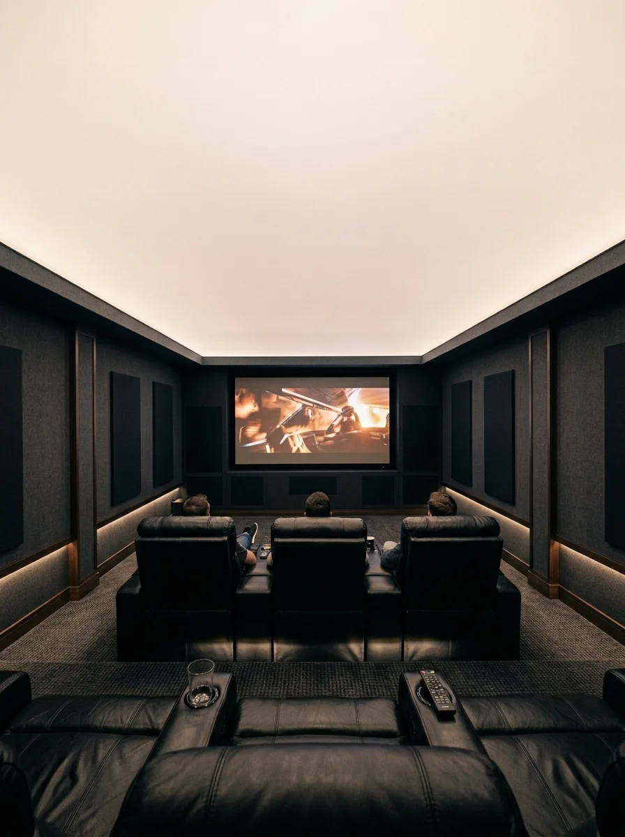 Home cinema room with a stretched white acoustic fabric ceiling and hidden LED spots, a unique ceiling design idea