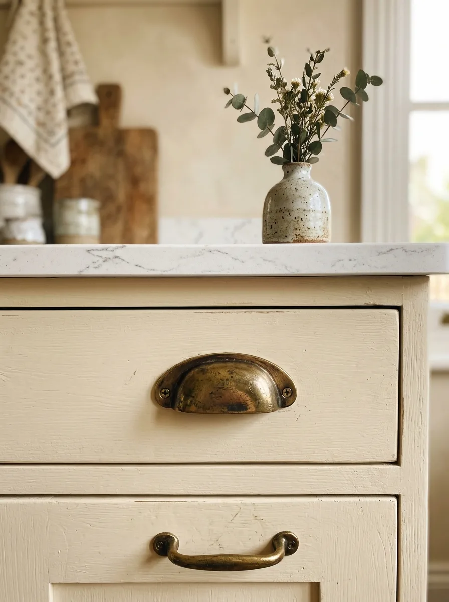 Aged unlacquered brass cup pulls on cream kitchen cabinet drawer fronts