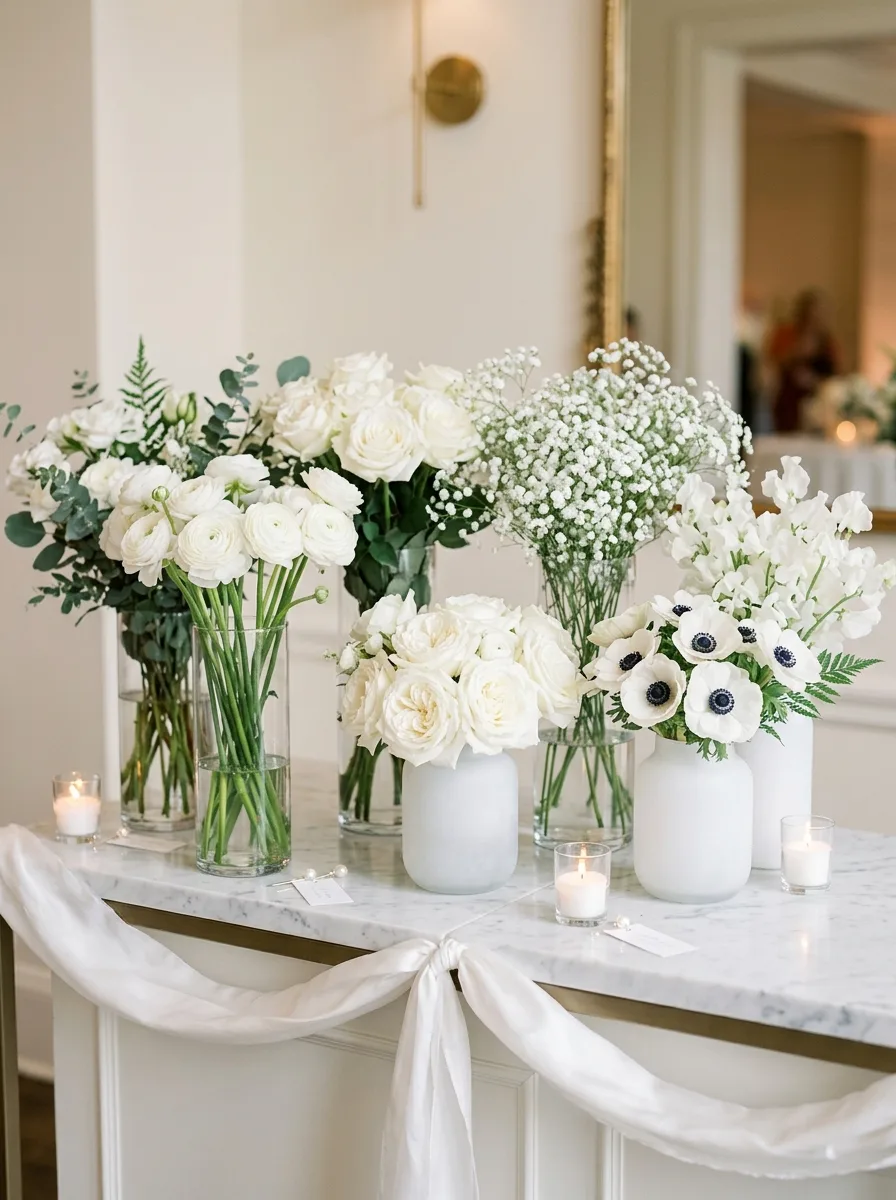 Monochrome white flower bar ideas with ranunculus, roses, and anemones arranged in crystal vases on a marble table