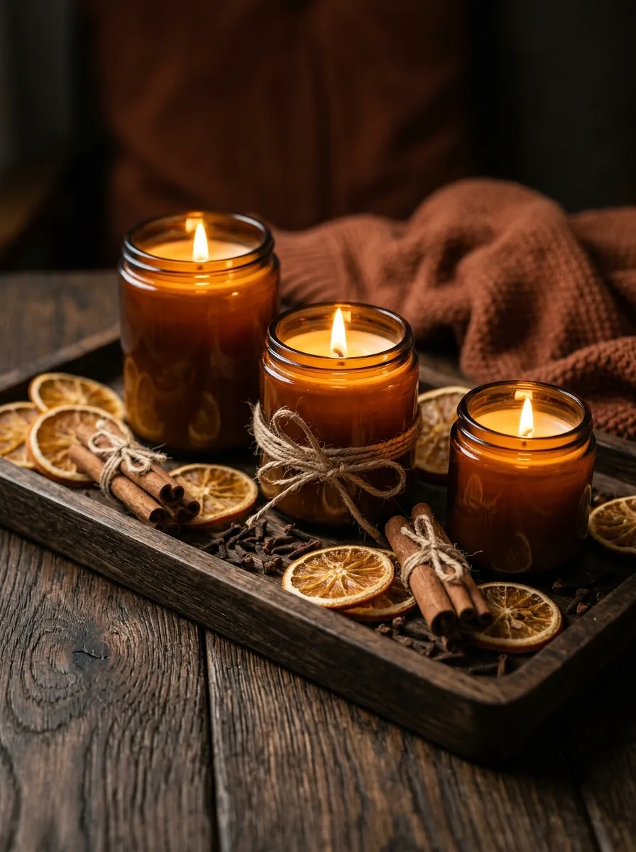 Wooden tray holding amber candles, dried orange slices, cinnamon sticks, and cloves in cozy seasonal styling.