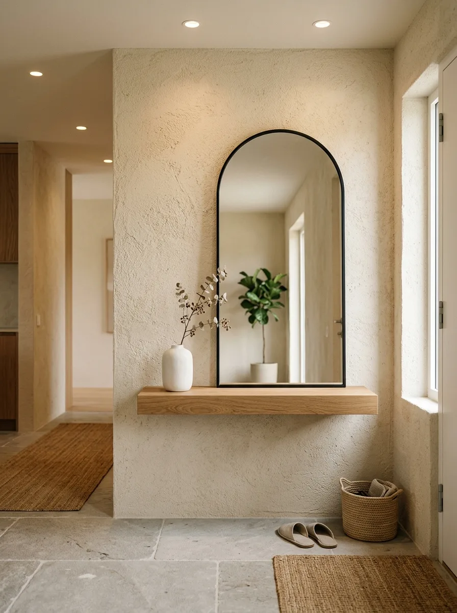 Japandi foyer ideas with rough plaster wall, large arched mirror, floating shelf and white ceramic vessel