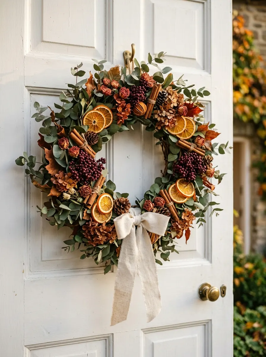 Decorative front door wreath made with eucalyptus, dried orange slices, berries, pinecones, and neutral ribbon.