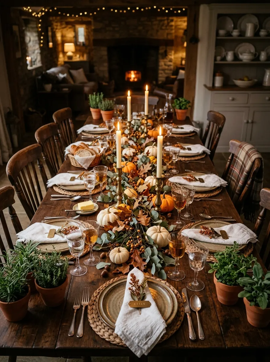 Dining table set with pumpkins, greenery, candles, woven placemats, glassware, and harvest-inspired decor.