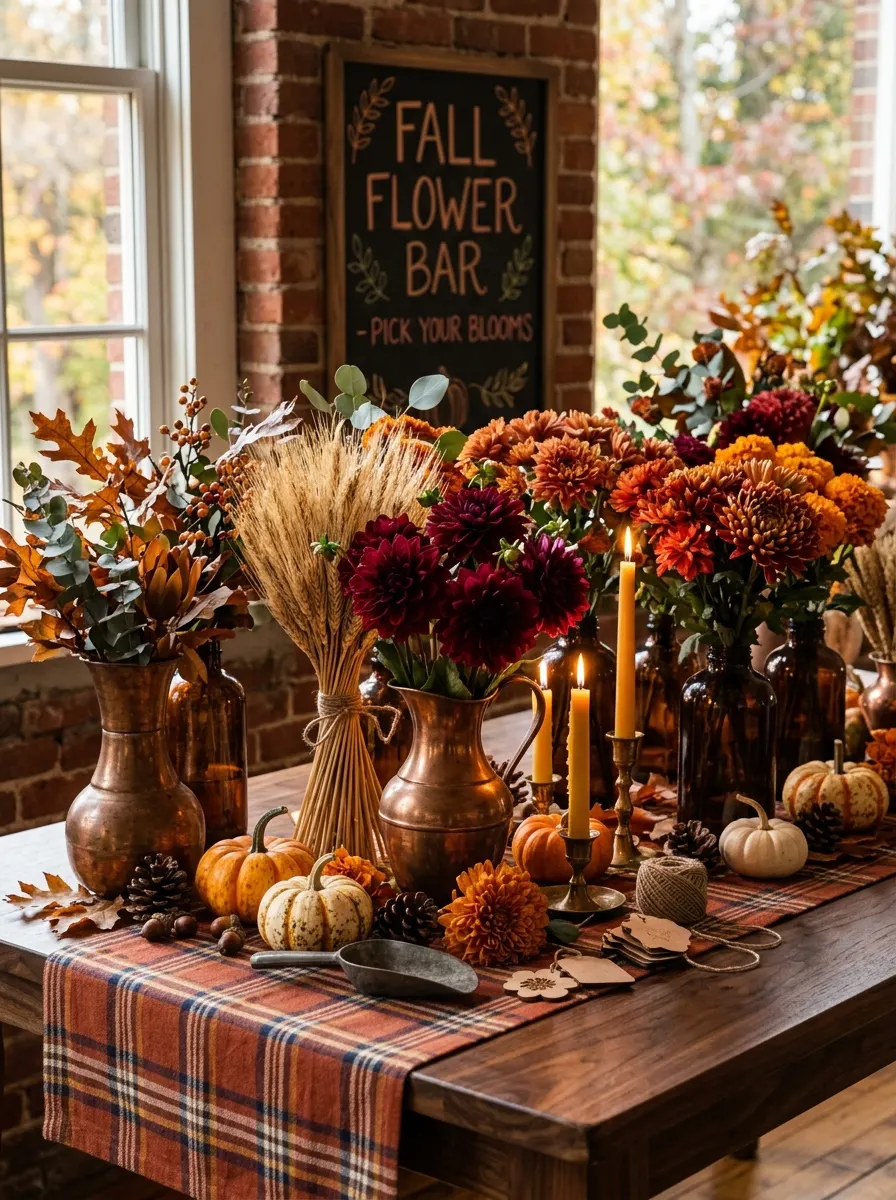 Autumn flower bar ideas with burgundy dahlias and orange marigolds in copper vases on a dark walnut table