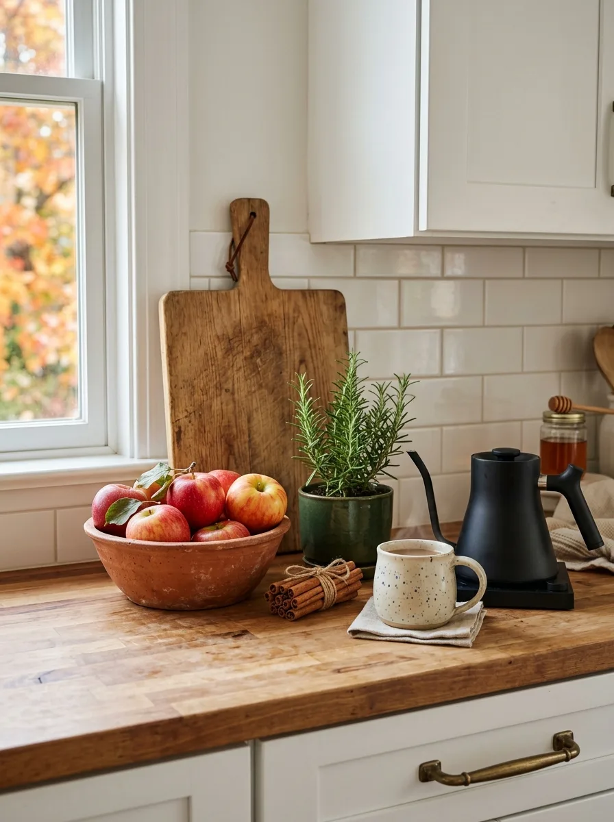 Wood countertop displaying apples, herbs, cinnamon sticks, ceramic mug, and black kettle in a bright kitchen.