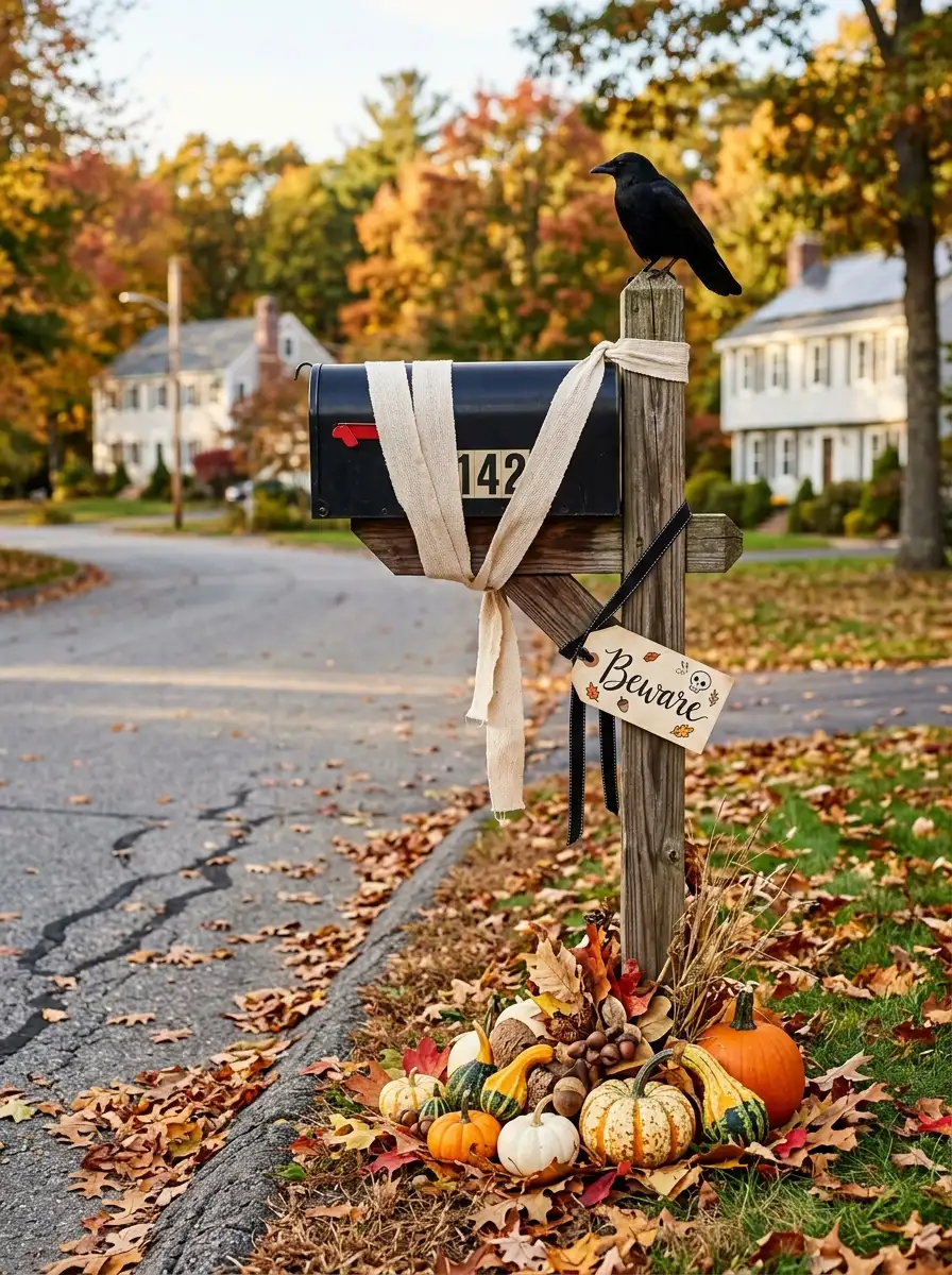 Mailbox wrapped with fabric and decorated with pumpkins, gourds, fall foliage, and a black crow ornament.