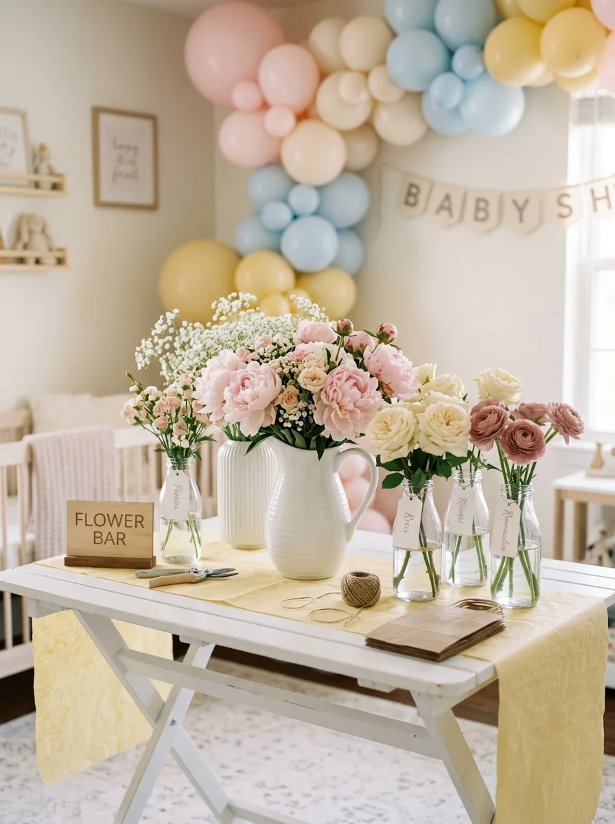 Baby shower bloom bar ideas with pale pink peonies and cream roses in white ceramic pitchers on a pastel table