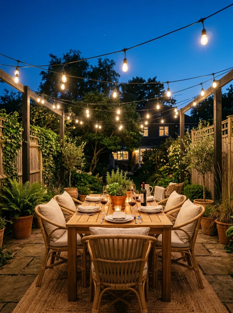 Outdoor patio dining space with wooden table, cushioned chairs, string lights, and lush garden landscaping at dusk.