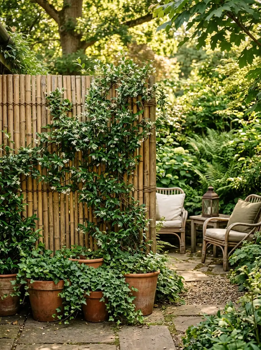 Bamboo privacy fence with climbing jasmine and terracotta pots creating a sheltered garden nook in a Boho garden