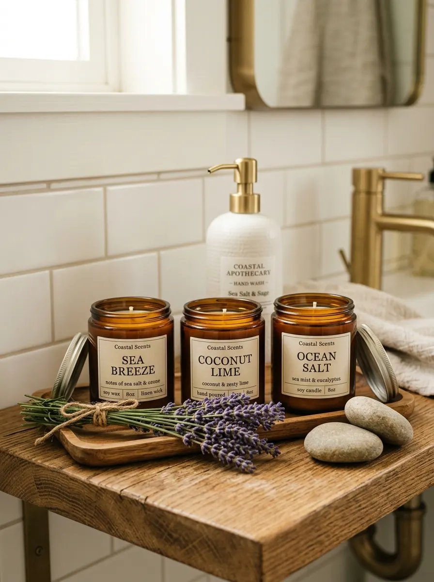 Rustic bathroom shelf displaying amber soy candles, lavender stems, smooth stones, and coastal-inspired accessories.