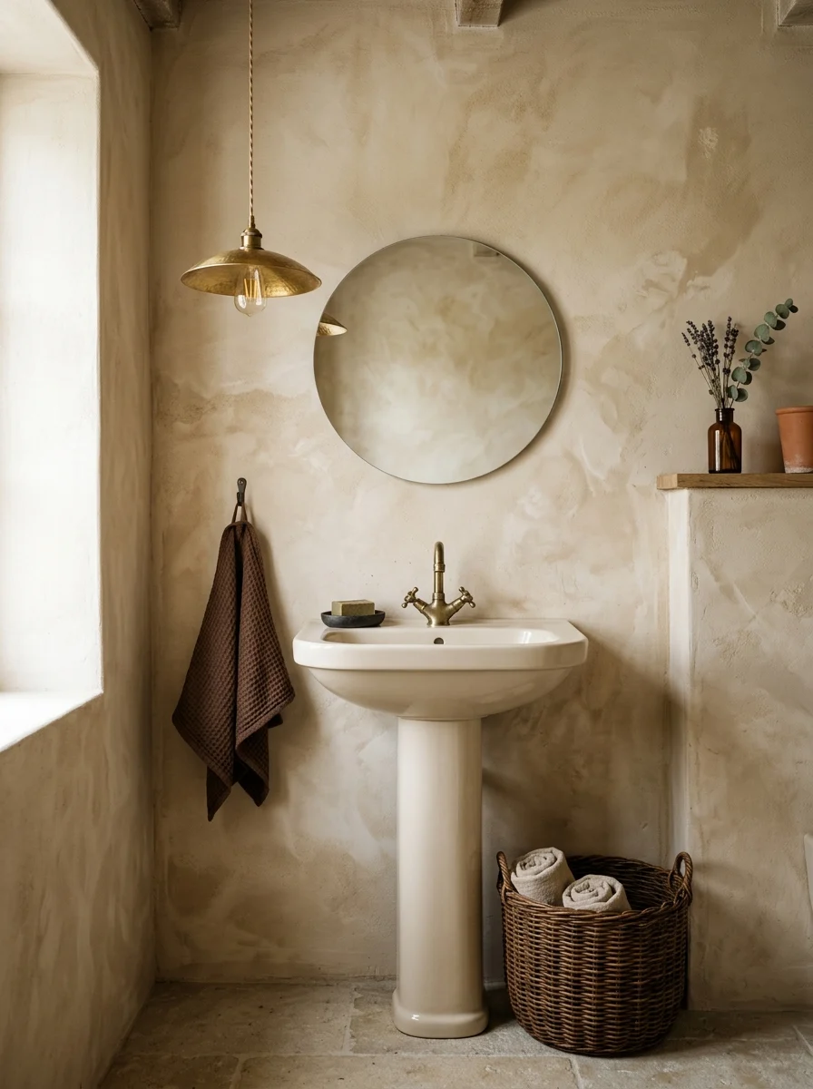 Textured limewash beige walls with a brown woven basket in a beige and brown bathroom styling
