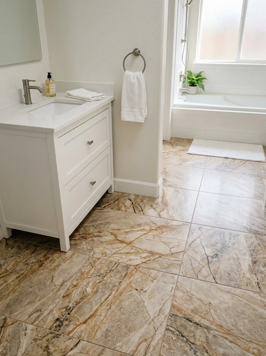 Large format beige and brown stone-look porcelain floor tiles in a neutral bathroom ideas modern setting
