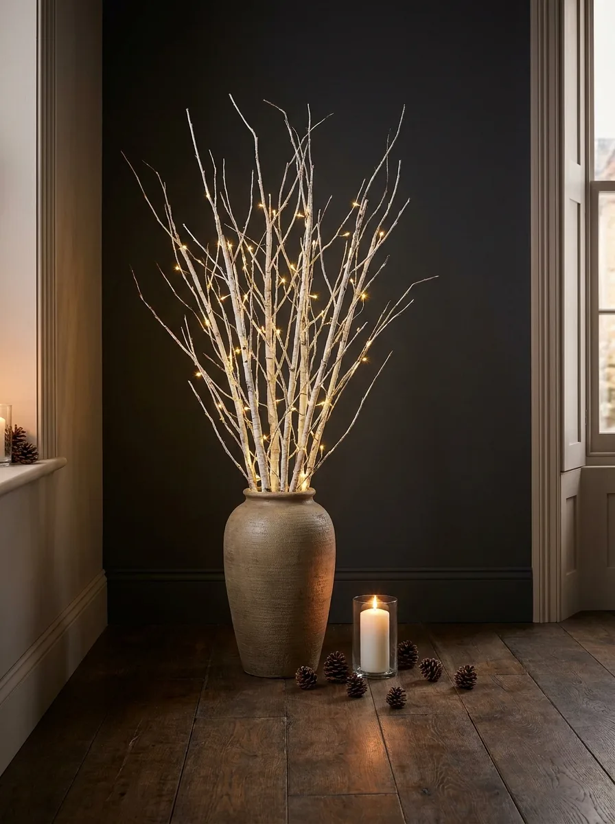 Tall vase holding illuminated birch branches with warm string lights, styled with candles and pinecones.