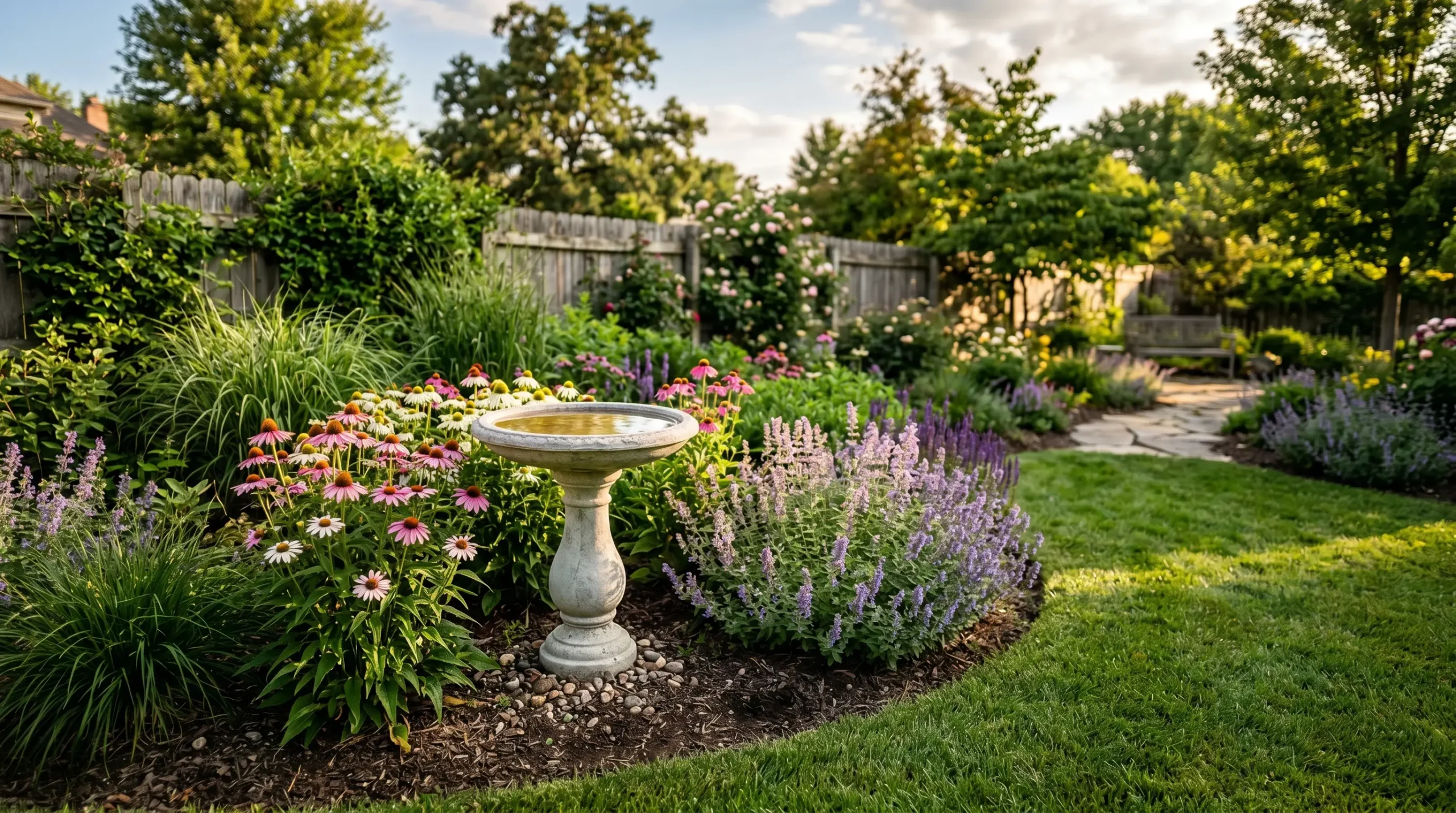 Bird Bath Ideas with Elegant stone pedestal bird bath surrounded by coneflowers and ornamental grasses in a sunny backyard garden