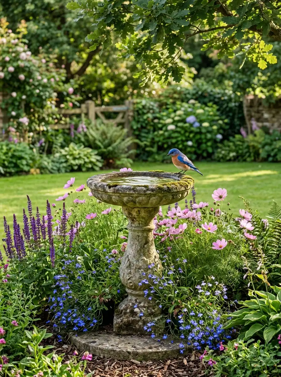 Stone bird bath with purple salvia pink cosmos and trailing lobelia planted at base with bluebird perched on rim