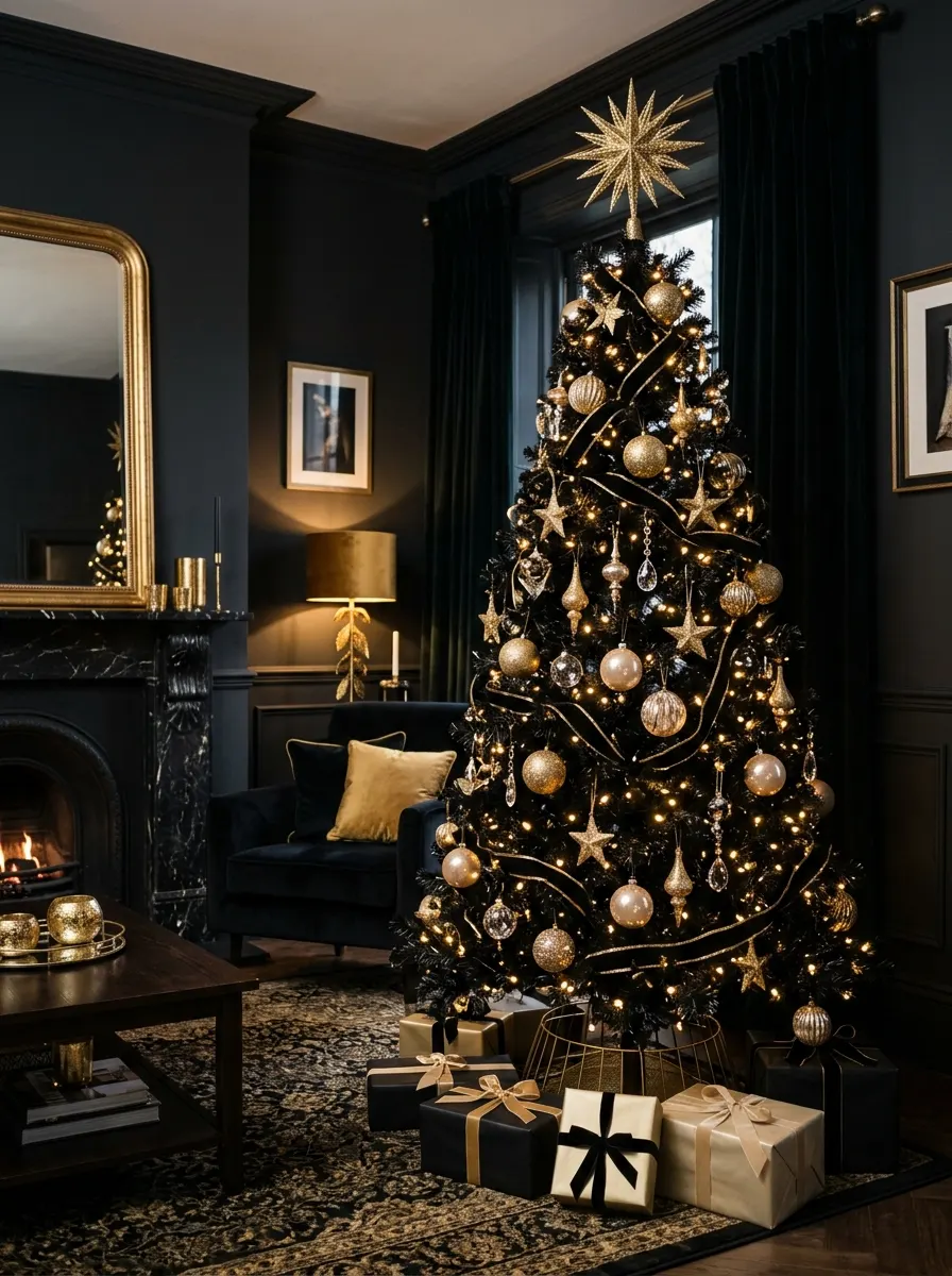 Black Christmas tree decorated with gold baubles and star accents beside a fireplace in a dark, elegant living room.
