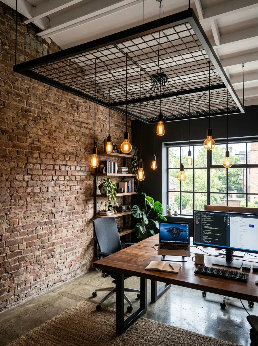 A modern home office with a black metal grid suspended ceiling and Edison pendants as an industrial ceiling design idea