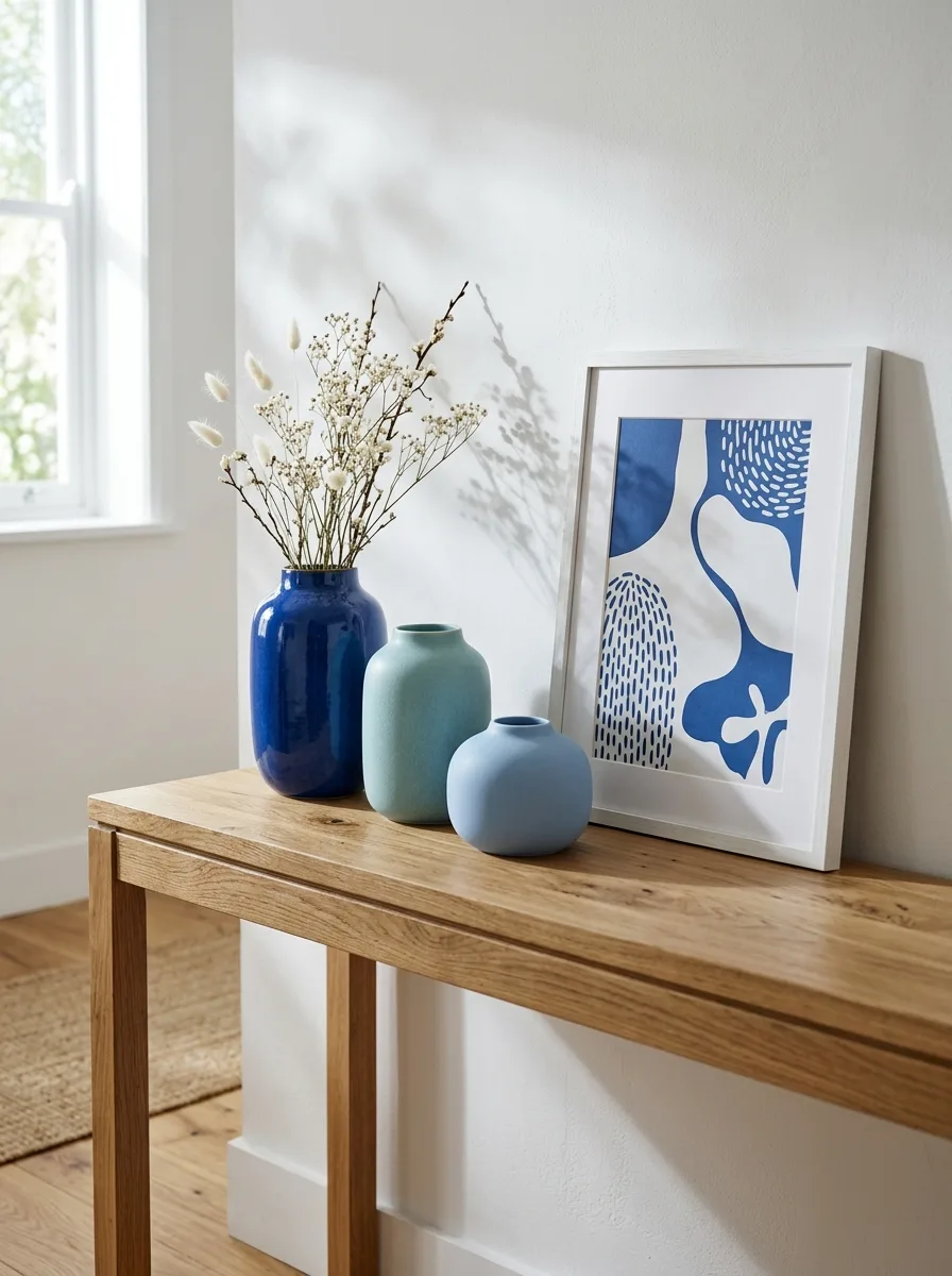 Cluster of blue ceramic vases in cobalt, teal and powder blue on white console for living room decor