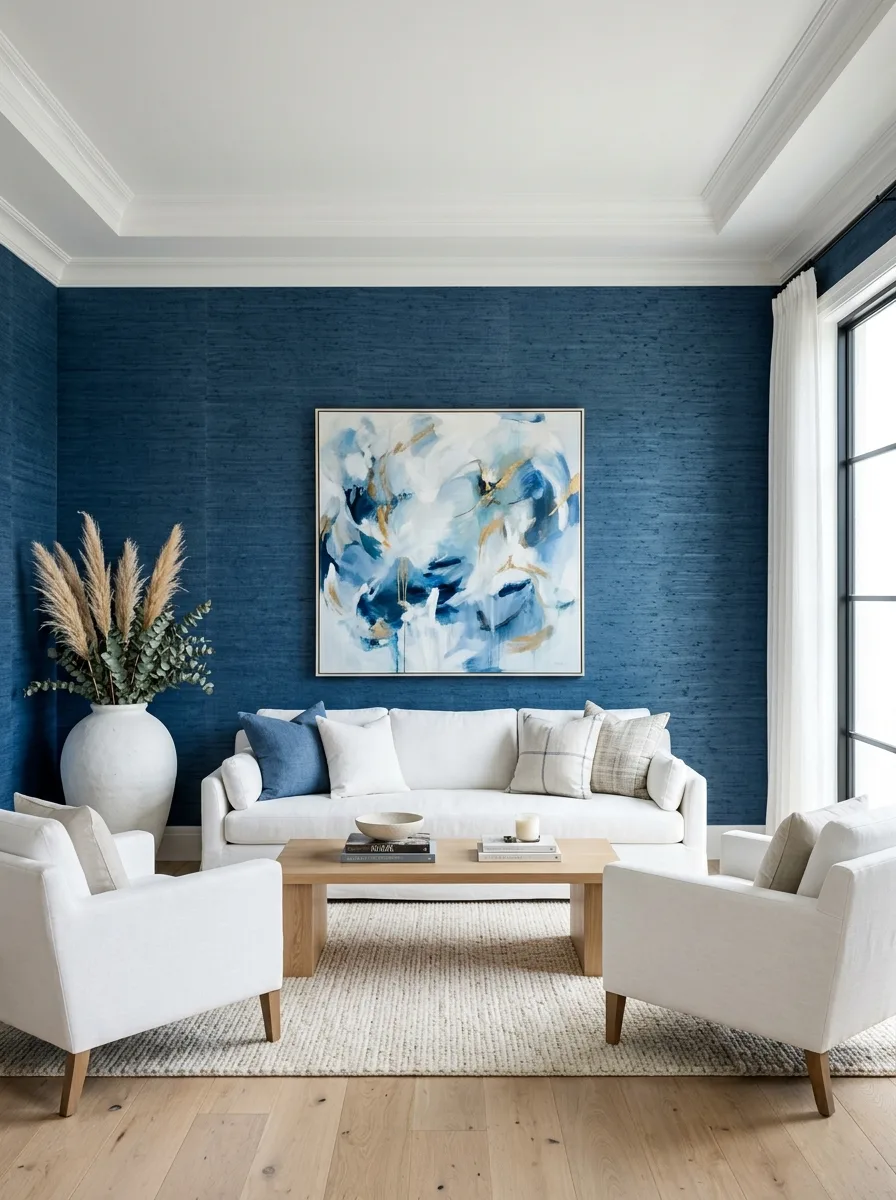 Blue grasscloth wallpaper texture on accent wall in a blue white room decor living room