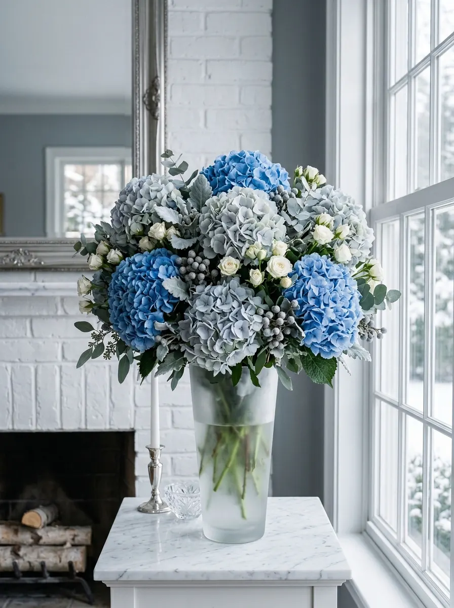Large hydrangea bouquet in blue and gray tones arranged in a frosted vase near a bright window.