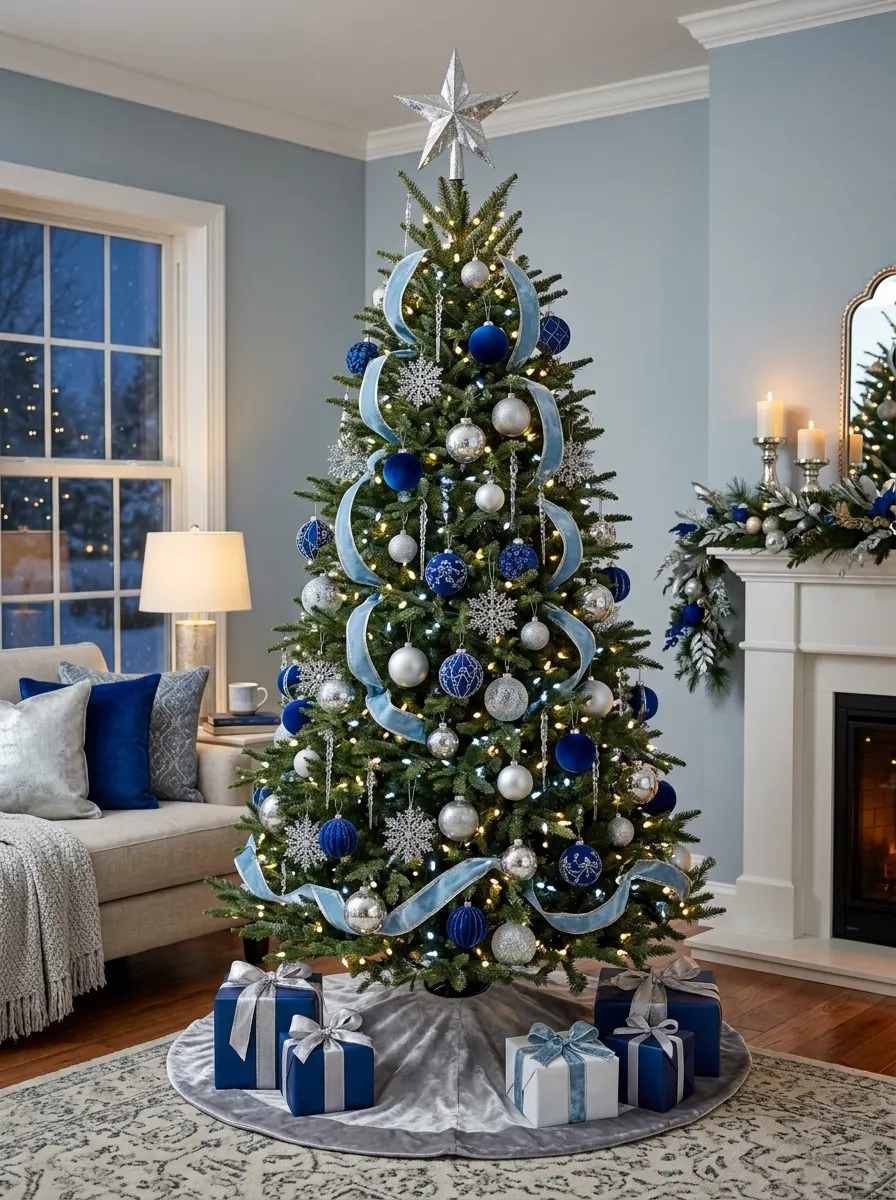 Christmas tree styled with blue and silver ornaments, ribbon garland, and snowflake decorations in a bright living room.