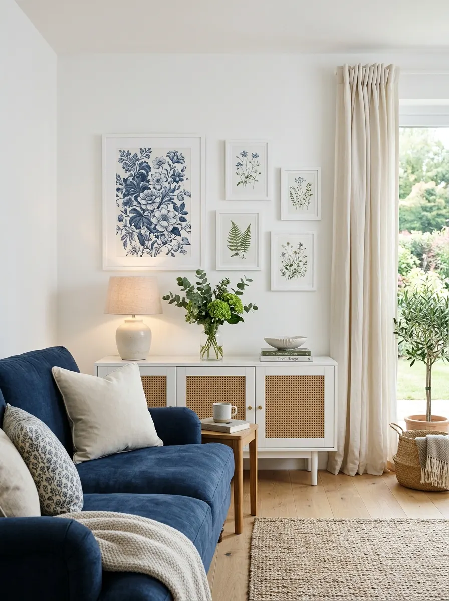 Large blue and white botanical floral print above credenza in white and blue living room decor