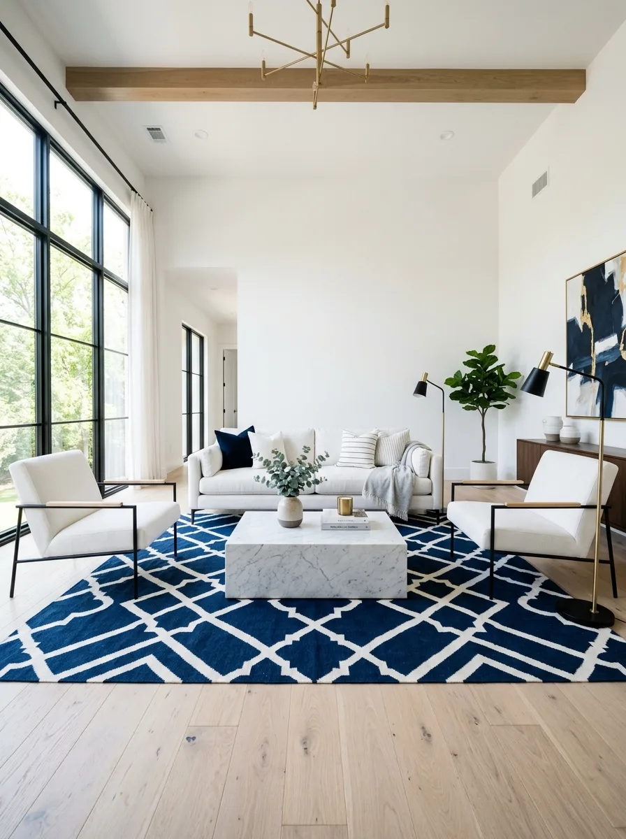 Navy and white geometric rug as the base of a blue and white living room with white sofa and chairs