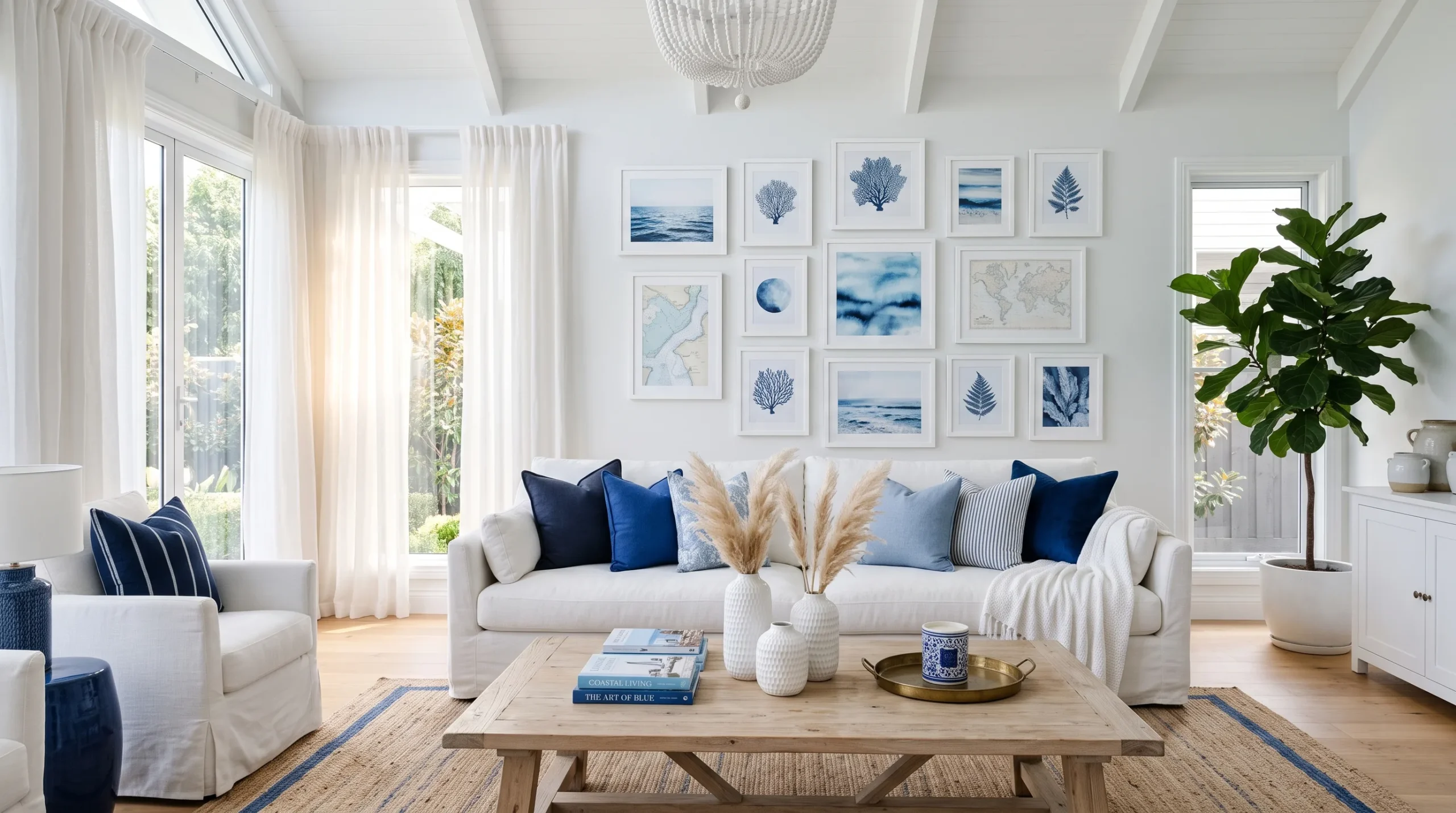 Bright living room featuring blue and white living room ideas with layered pillows, gallery wall, and natural light