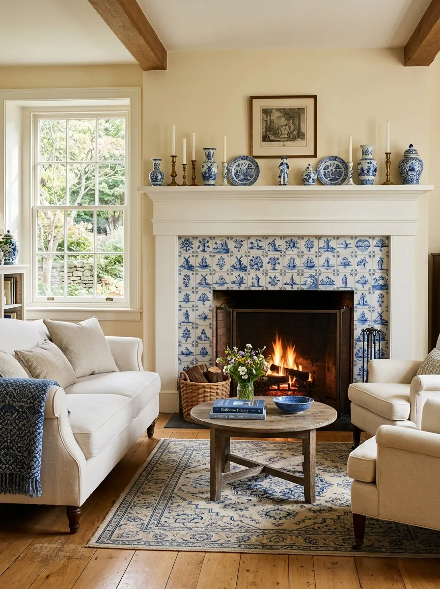 Blue and white delft tile fireplace surround as focal point in a blue and white living room