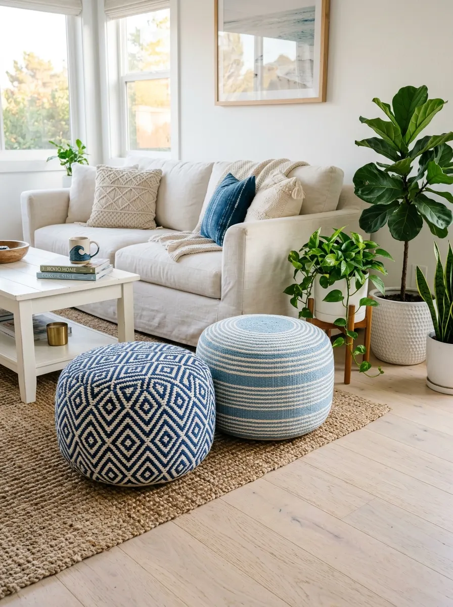 Two blue and white woven poufs on jute rug in a relaxed navy and white living room ideas setting