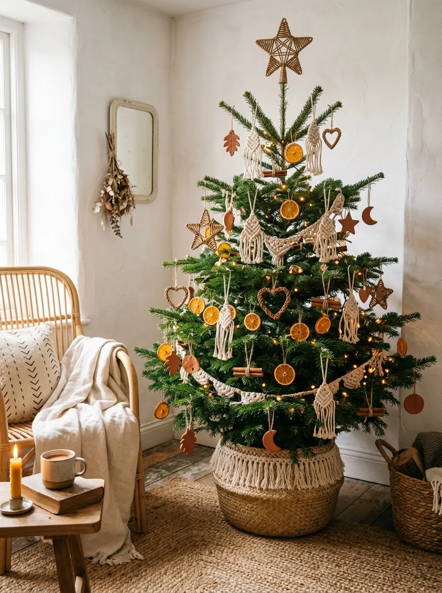 Boho Christmas tree featuring macrame ornaments, dried orange slices, woven textures, and warm fairy lights.