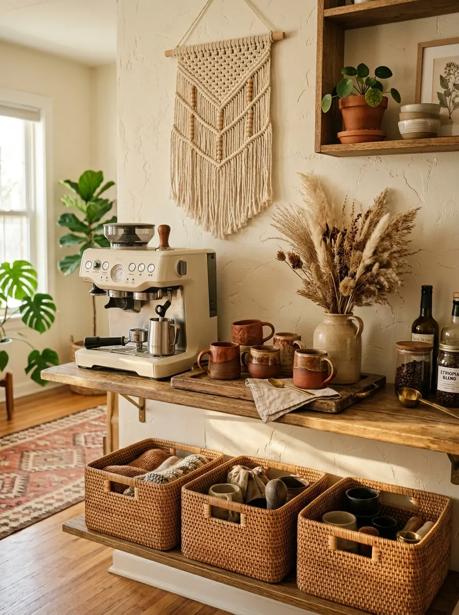 Bohemian coffee shelf with rattan baskets, cream espresso machine, terracotta mugs, macramé wall art, and pampas grass in warm earthy aesthetic