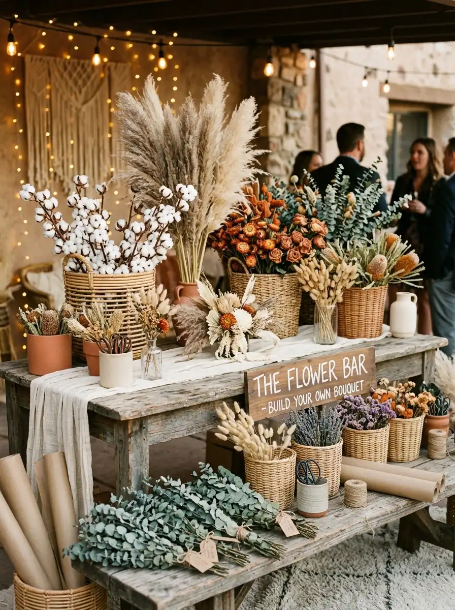 Boho bloom bar ideas featuring pampas grass and dried florals in rattan baskets with warm earthy tones on a linen table