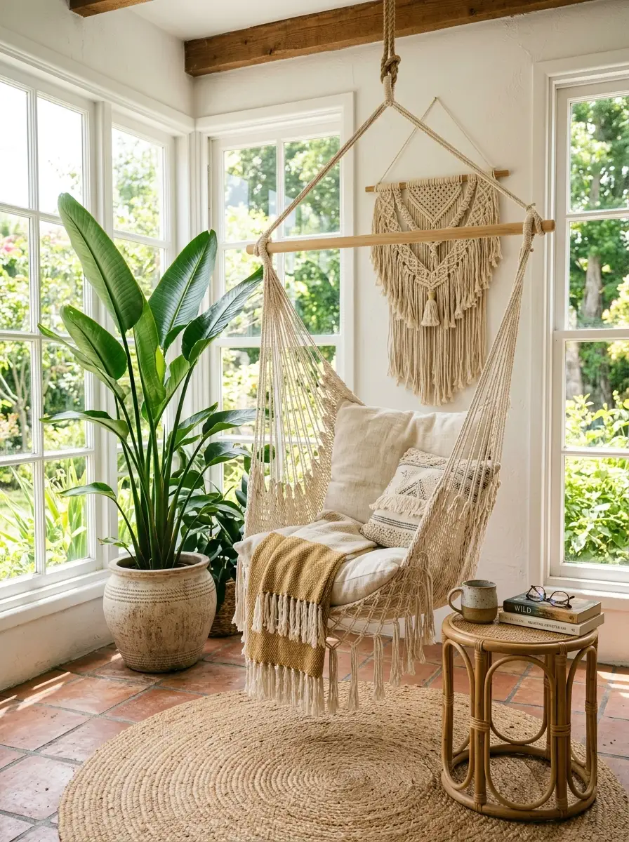 Sunlit reading corner featuring a macrame hanging chair, woven rug, rattan side table, and large indoor plant.