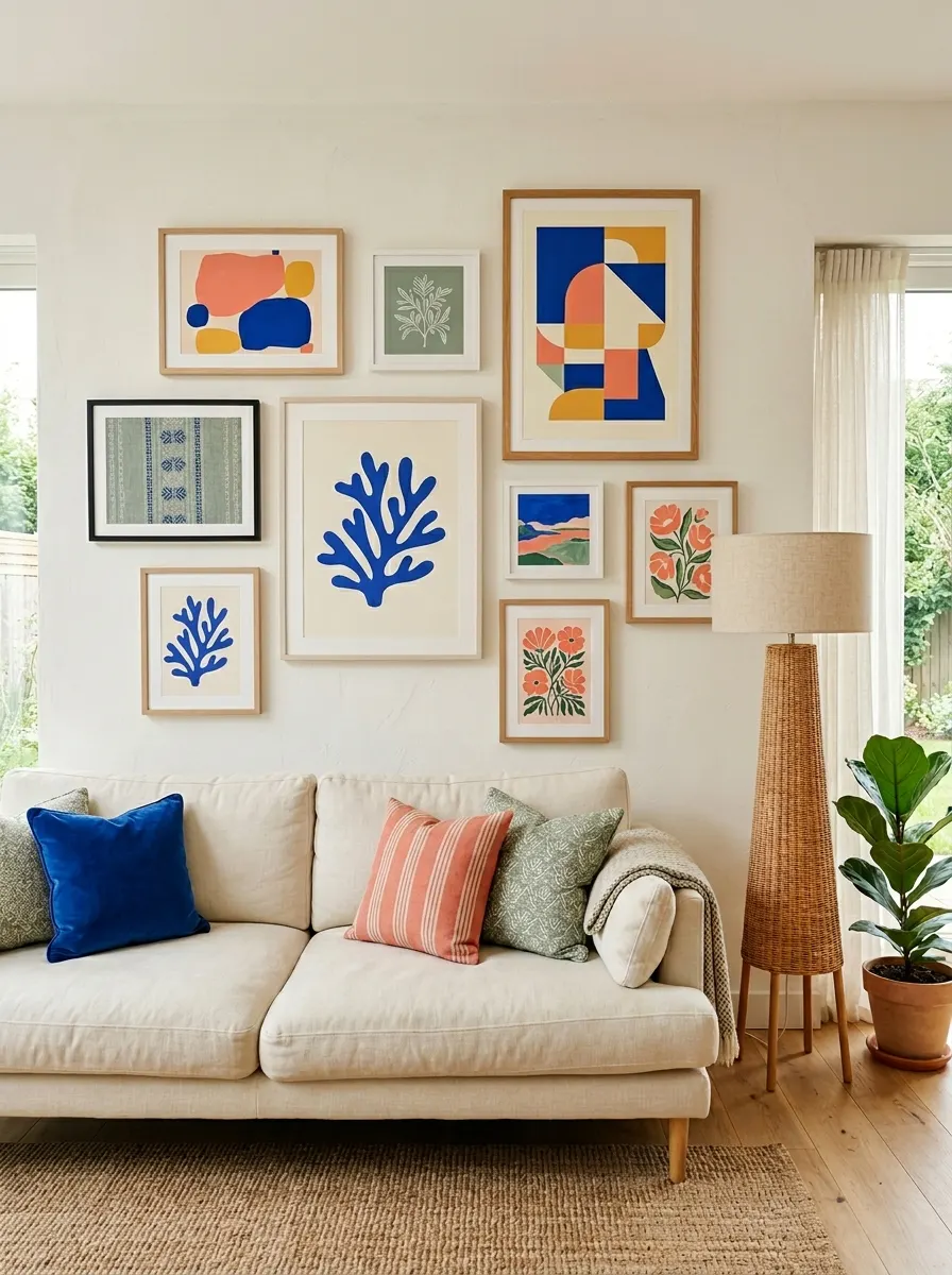 Colorful gallery wall with mixed art prints above cream sofa in a bright modern living room