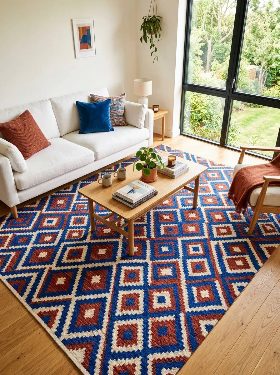 Bold cobalt and rust geometric area rug anchoring a white sofa and oak coffee table in a bright living room