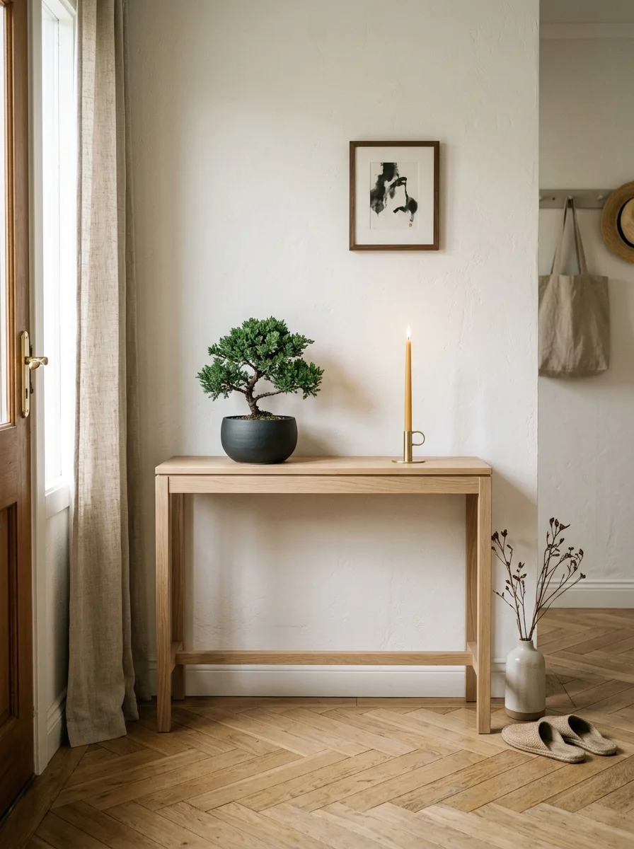 Japandi foyer ideas with pale wood console table, bonsai in charcoal ceramic pot and taper candle in matte brass holder