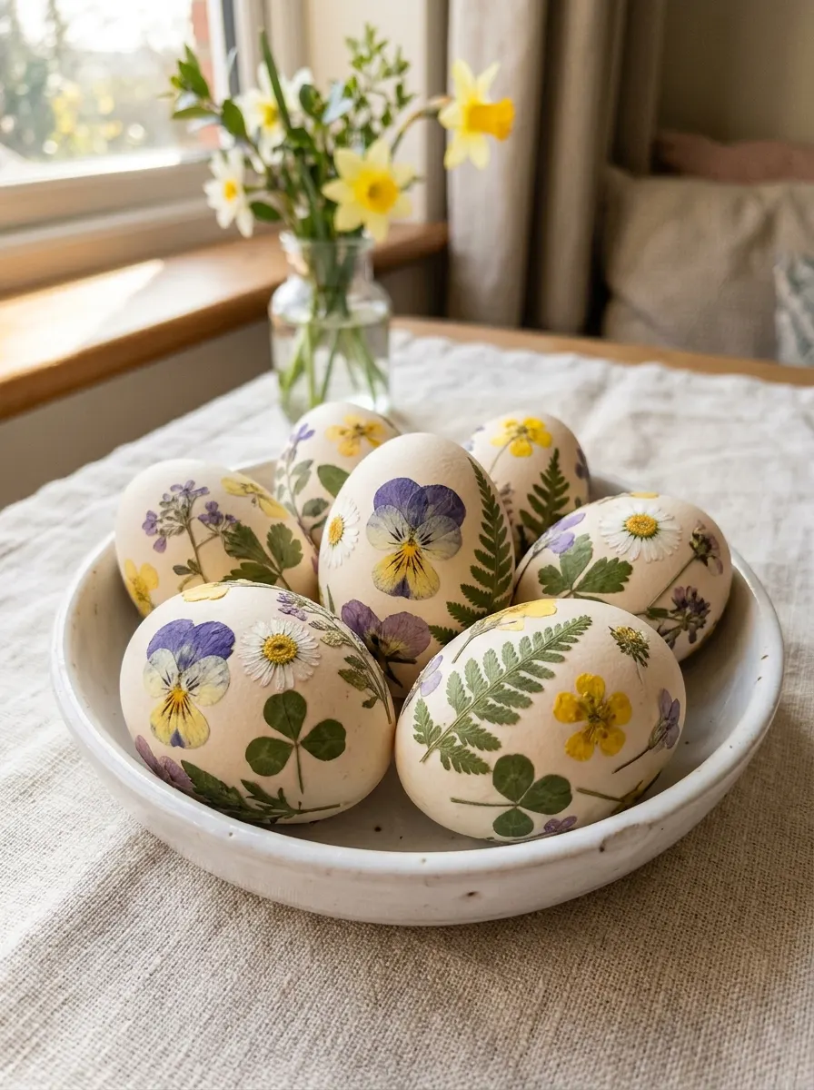 Decorative eggs embellished with floral and fern motifs displayed in a ceramic bowl beside fresh flowers.