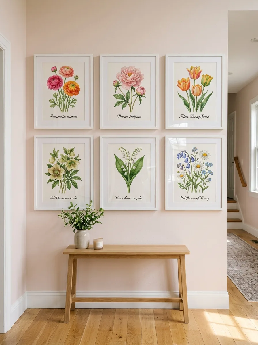 Six framed botanical illustrations displayed above a simple wooden console table against a pale pink wall.