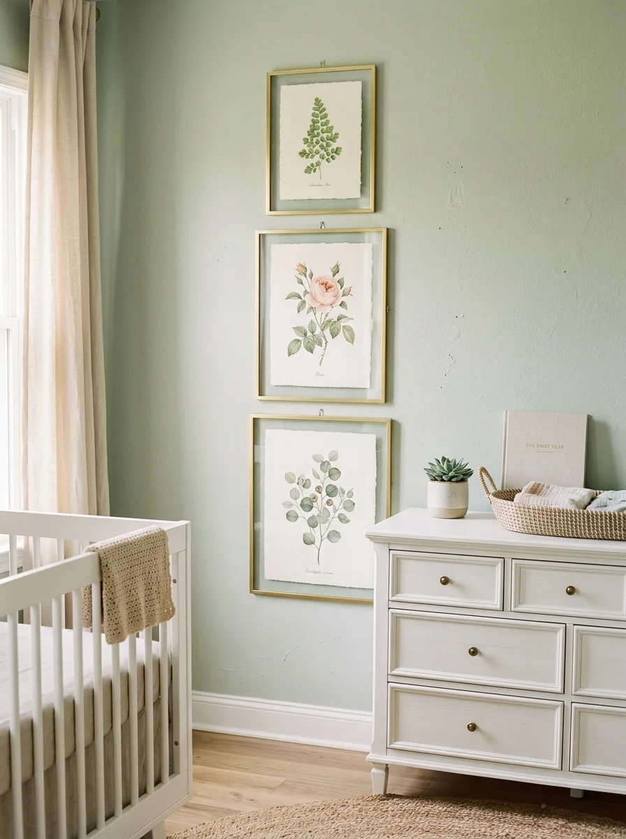 14 French-Inspired Nursery Ideas That Never Feel Outdated 14 Gold-framed botanical prints of fern, rose, and eucalyptus on sage wall above dresser in French nursery
