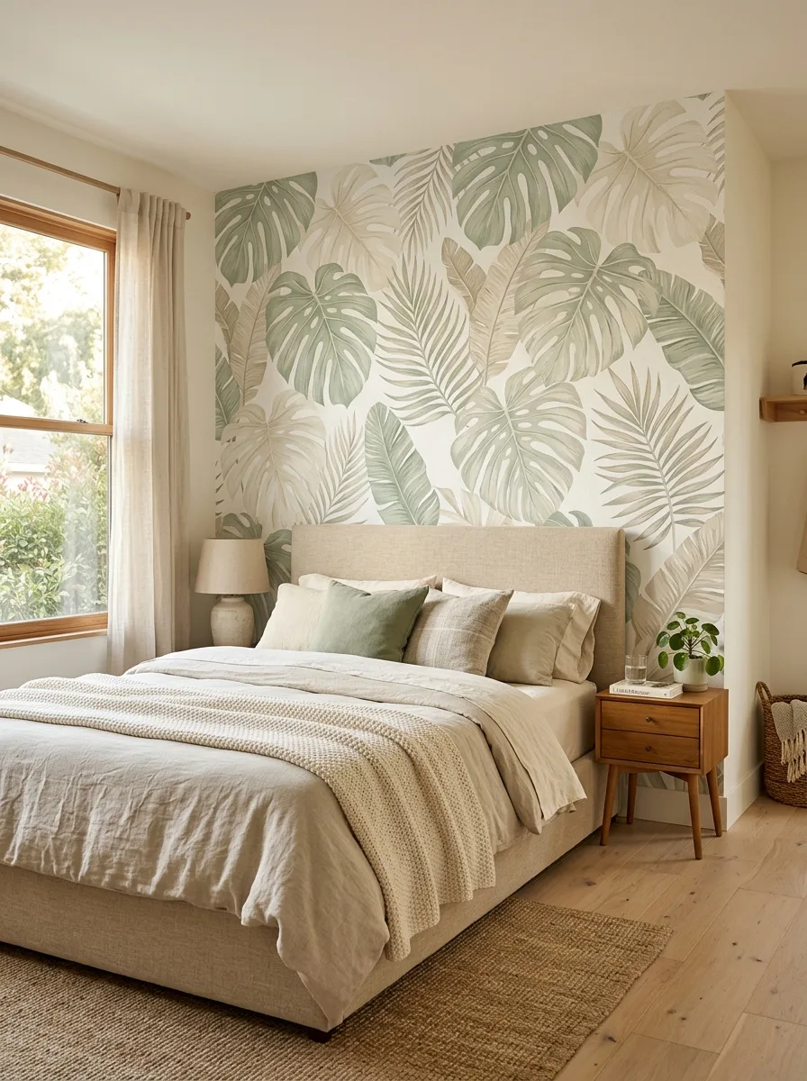 Bedroom with a large botanical leaf wallpaper feature wall, upholstered bed, wood nightstand, and soft neutral bedding.