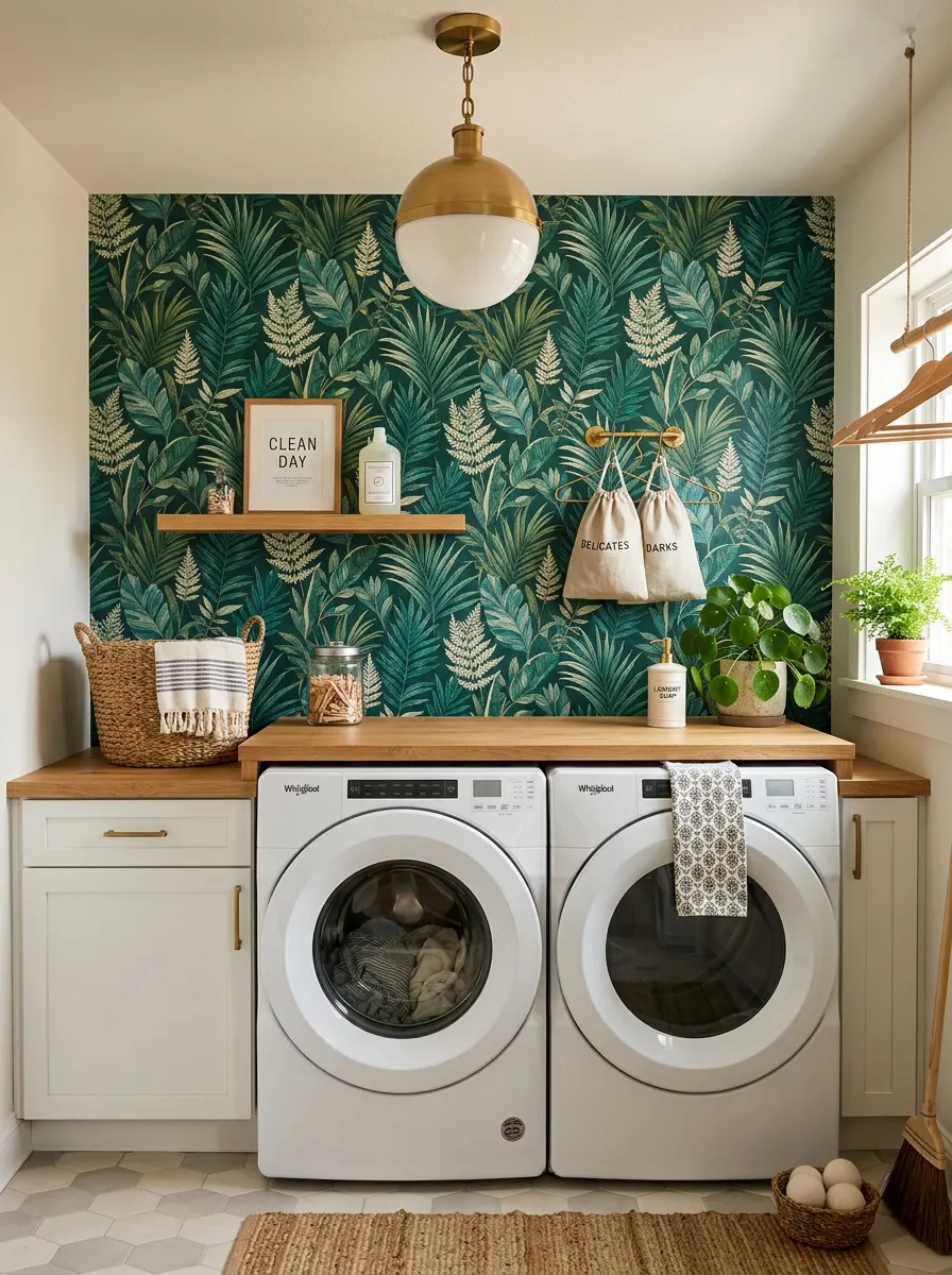 Emerald botanical wallpaper accent wall in small laundry room with white washer and pendant light — compact laundry design