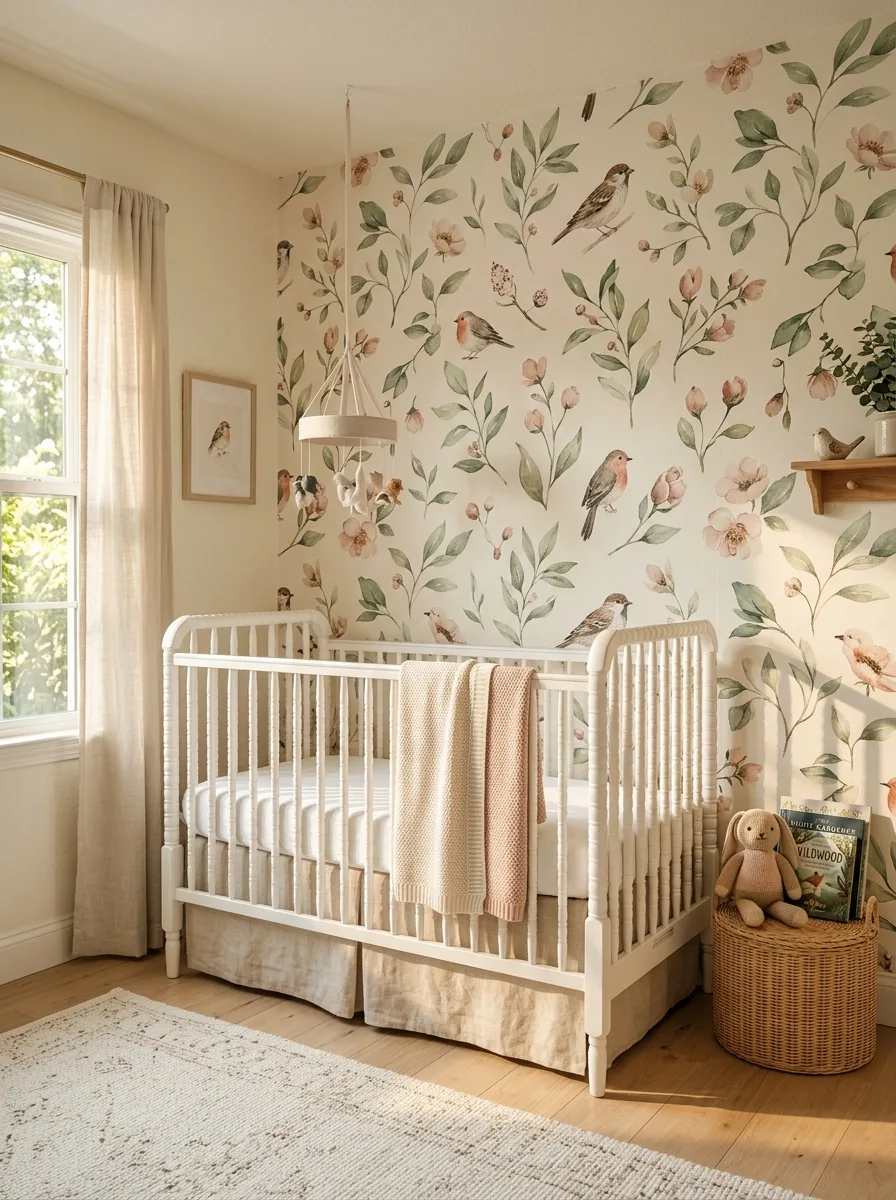Botanical illustrated wallpaper with florals and birds behind a white spindle bed in a bright kids bedroom