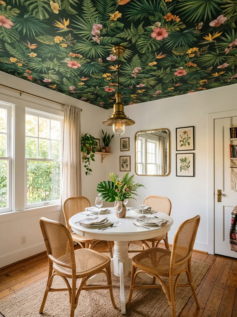 Dining room with bold botanical wallpaper on the ceiling and white walls below, one of the most creative ceiling decor ideas
