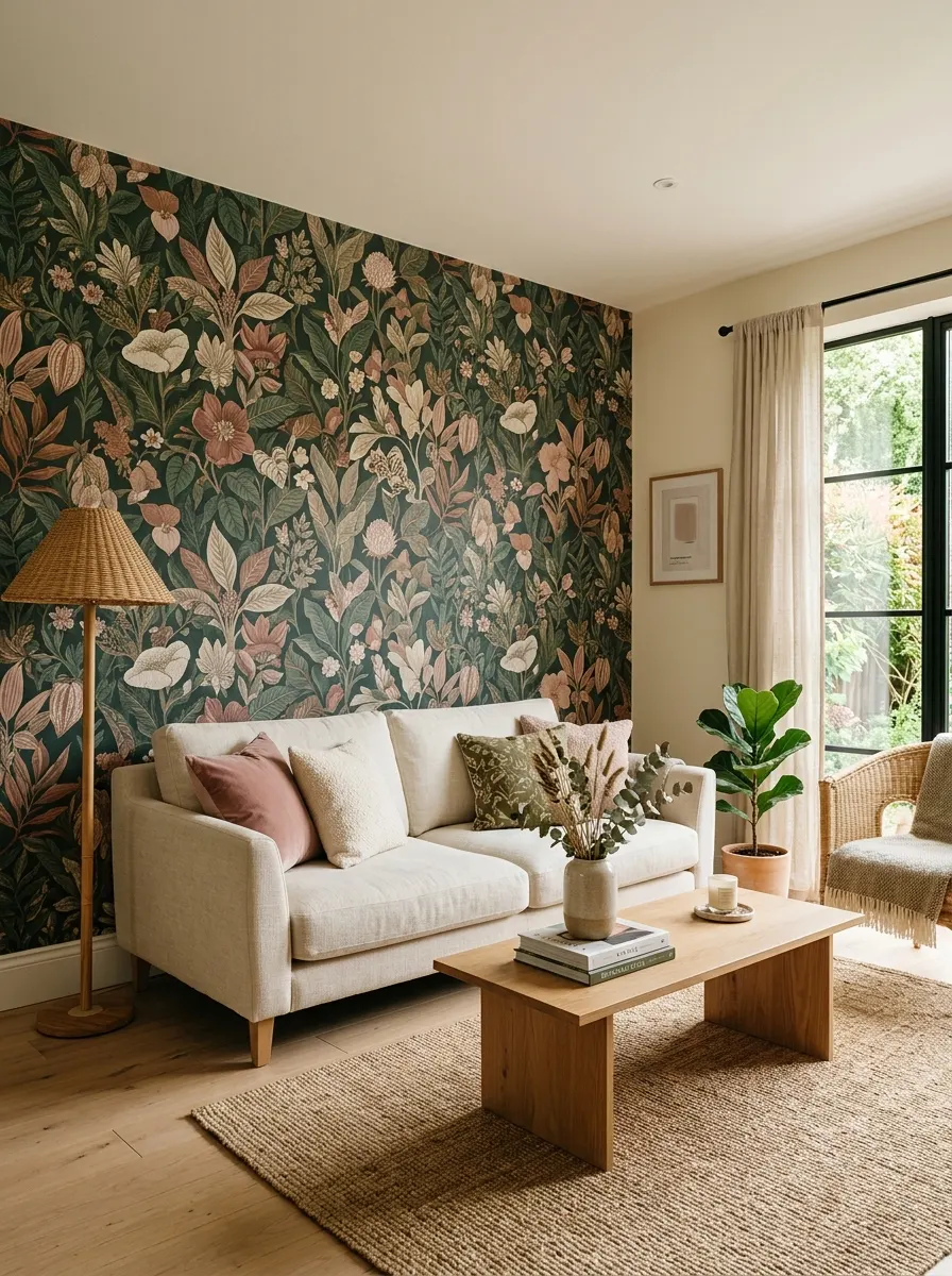 Large-scale botanical wallpaper in green and pink on a living room feature wall with cream linen sofa
