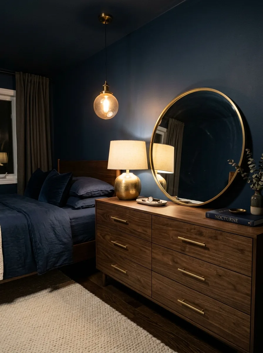 17 Dark Elegant Bedroom Ideas That Feel Cozy, Not Heavy 5 Midnight blue bedroom walls with brushed gold dresser pulls round brass mirror and warm brass pendant lamp in elegant dark room