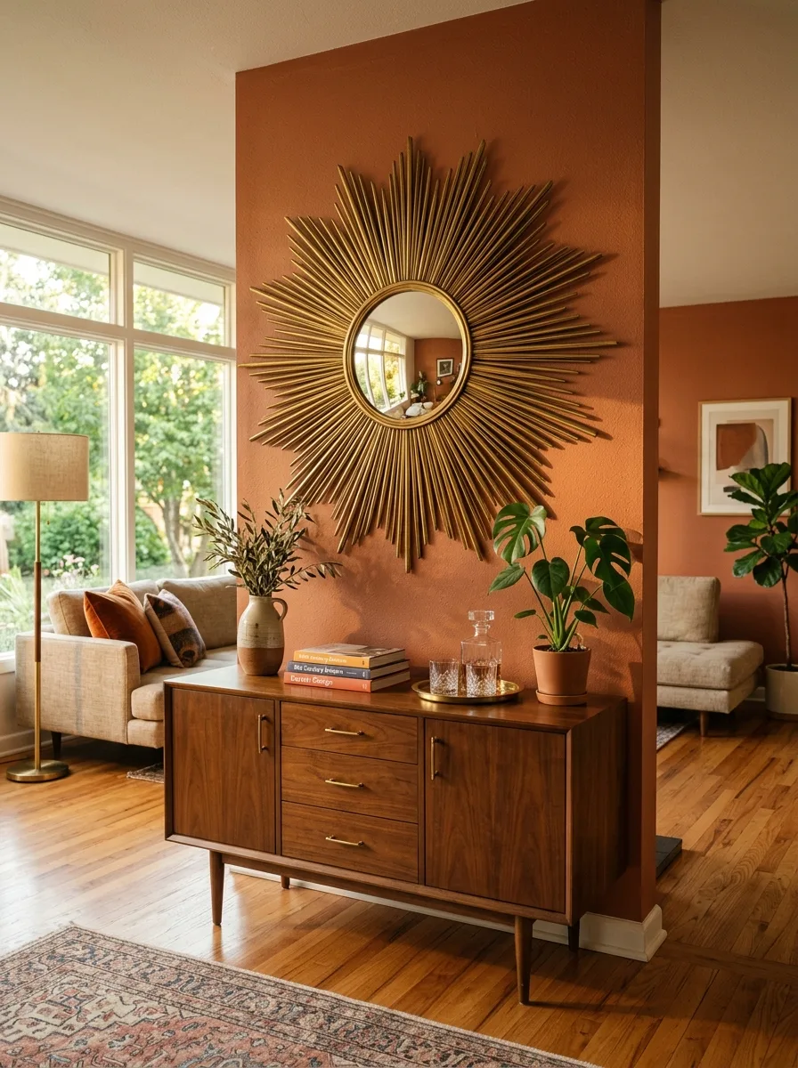 Terracotta accent wall with brass sunburst mirror, walnut sideboard, indoor plants, and warm wood flooring.
